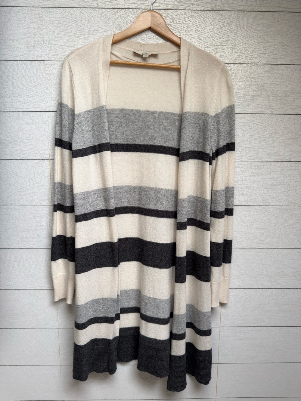 LOFT Cream Gray Wool Blend Striped Open Front Long Duster Cardigan Sweater M